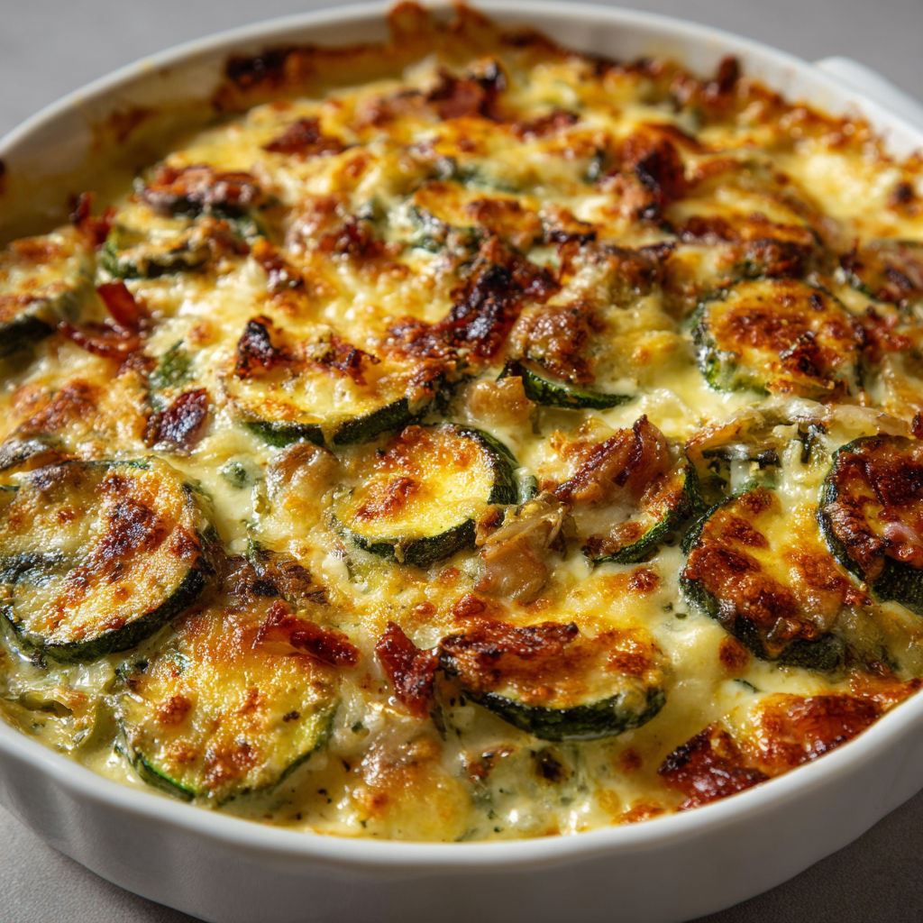 Gratin de courgettes aux lardons bien chaud dans un bol blanc.
