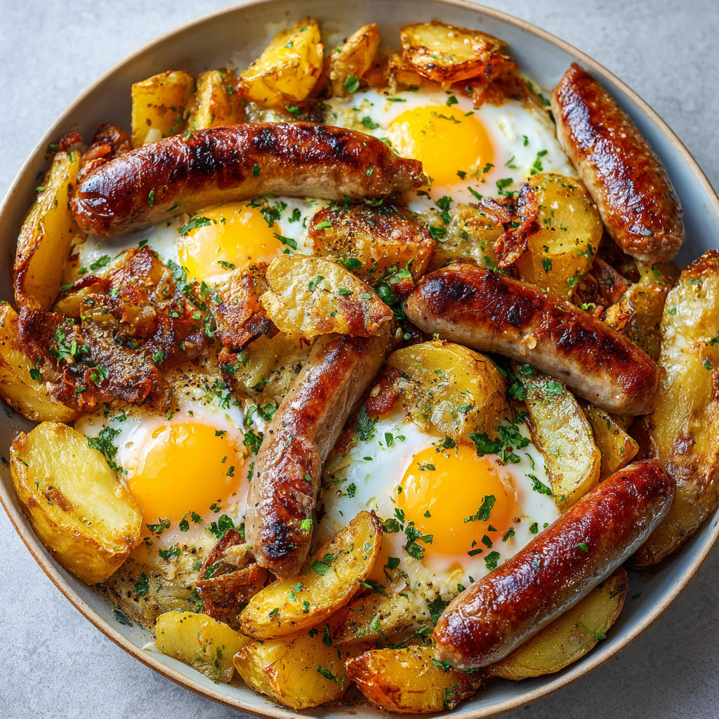 Un plat de saucisses, pommes de terre et œufs, tout juste sorti du four, prêt à déguster.