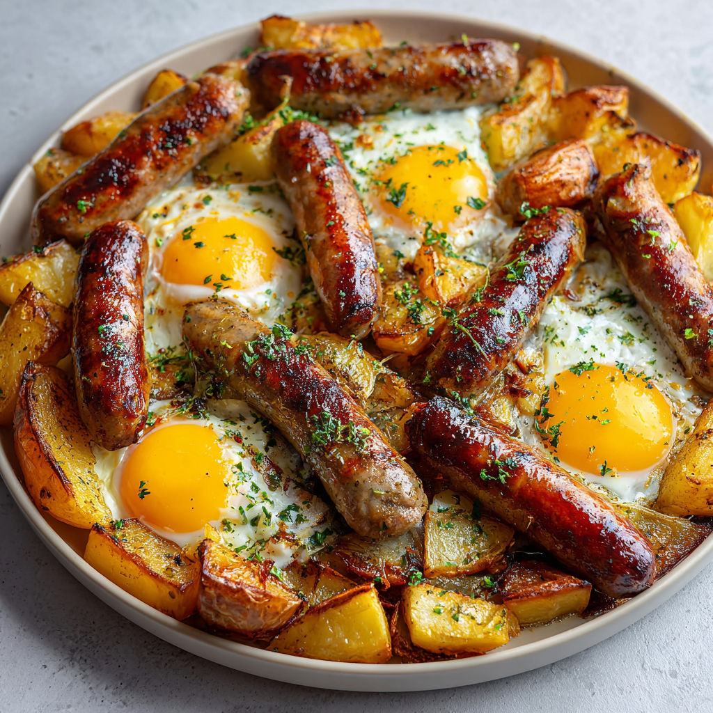 Un plat gourmand de saucisses rôties, pommes de terre et œufs encore coulants.