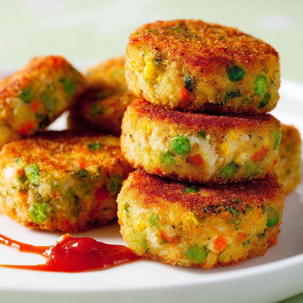 Une assiette remplie de croquettes dorées aux légumes et poulet, avec une sauce tomate en accompagnement.