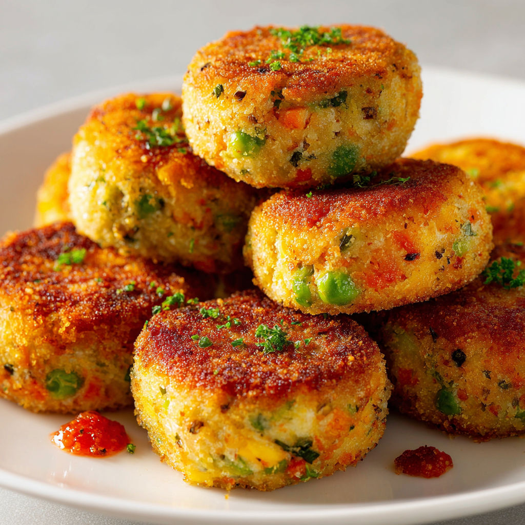 Une pile de boulettes de légumes au poulet posée sur un plat.