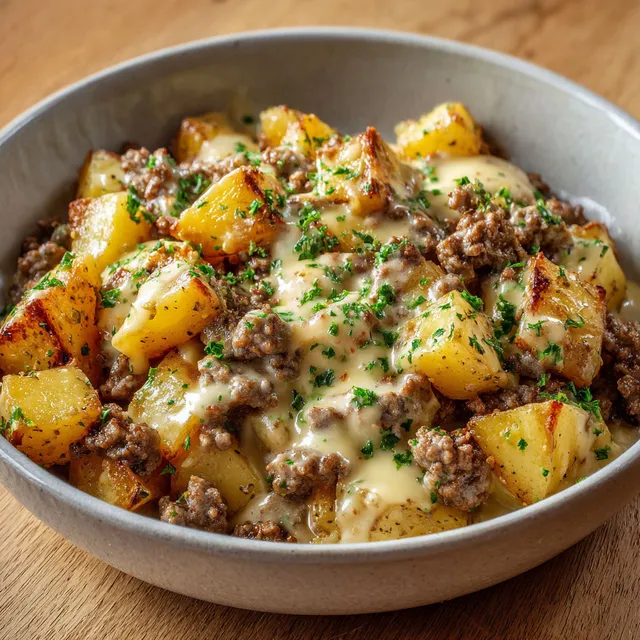 Bol garni de viande tendre et crémeuse avec des pommes de terre dorées, posé sur une table.