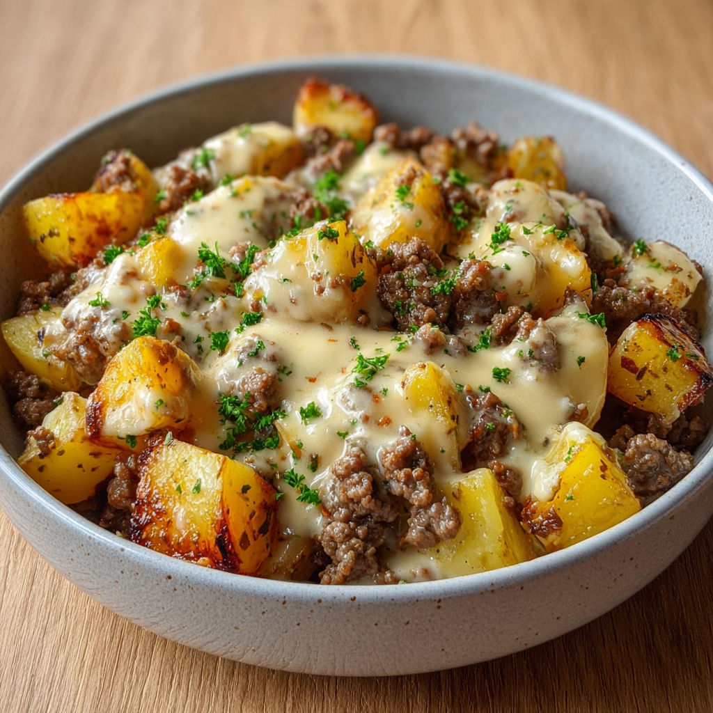 Plat maison super gourmand viande pommes de terre et fromage.