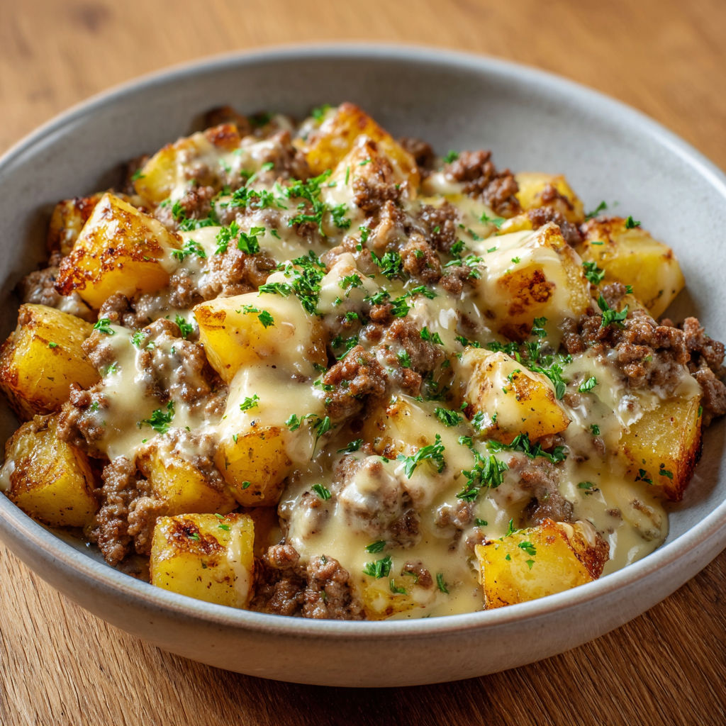 Poêlée super crémeuse de viande hachée et pommes de terre bien tendres.
