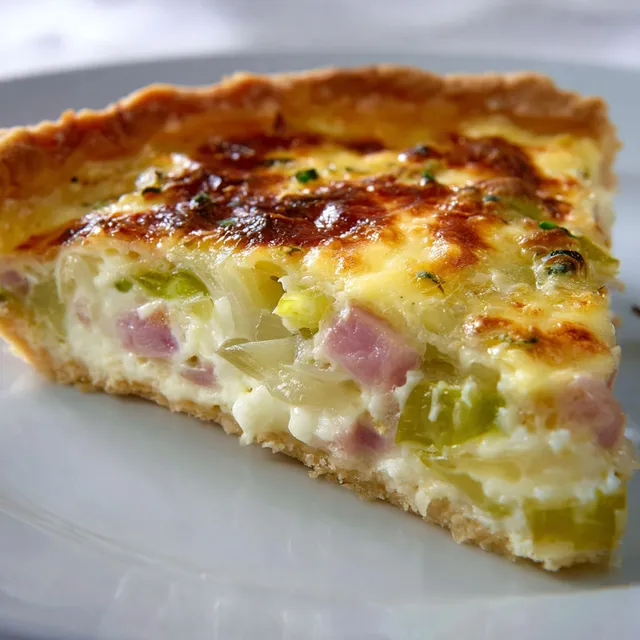 Une part de tarte maison aux poireaux et jambon sur une assiette.
