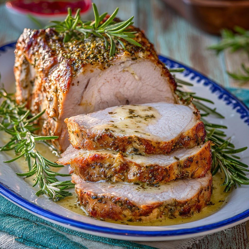 Rôti de porc moelleux aux herbes fraîches et jus parfumé.