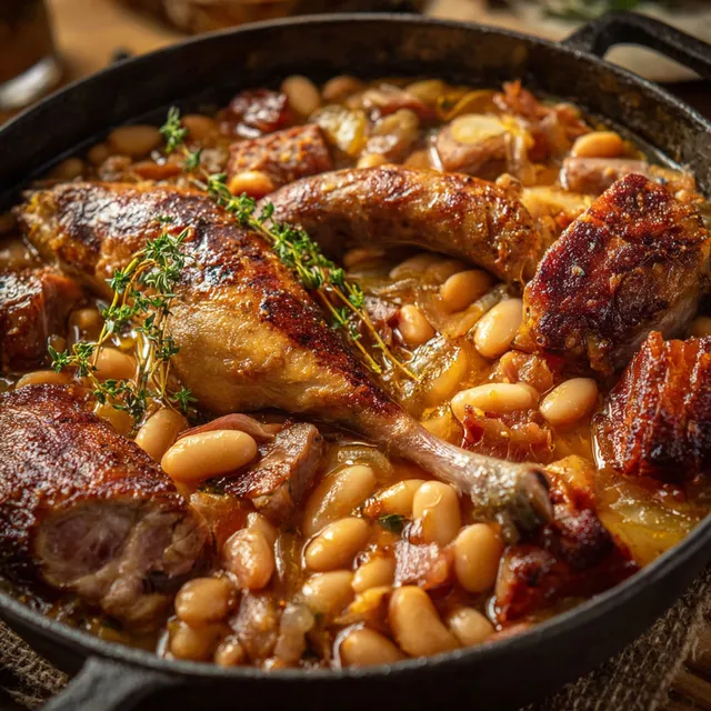 Plat mijoté traditionnel français à base de haricots blancs et viandes servi dans une cocotte.