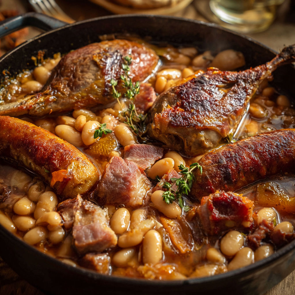 Plat traditionnel de cassoulet en cocotte, haricots fondants et viandes confites.