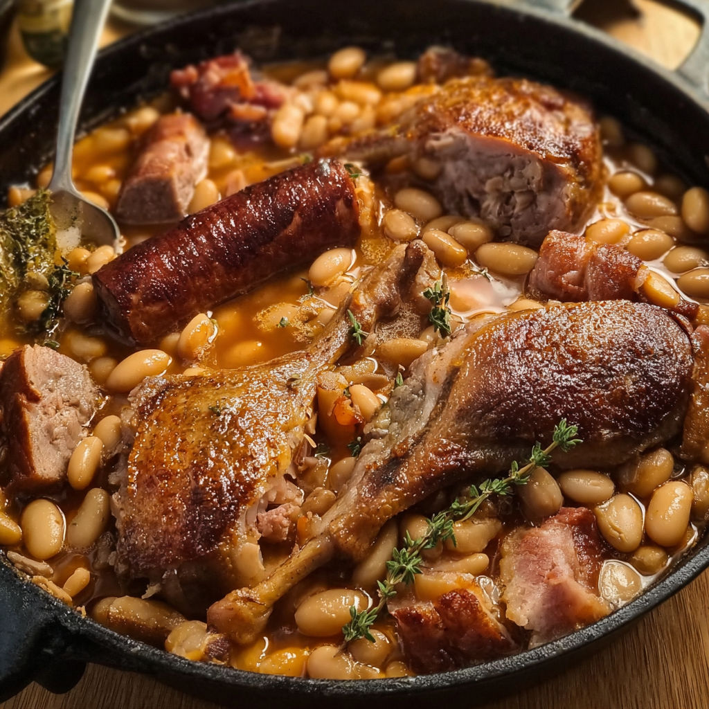 Cassoulet maison généreux, plein de saucisses, canard confit et porc longuement mijoté.