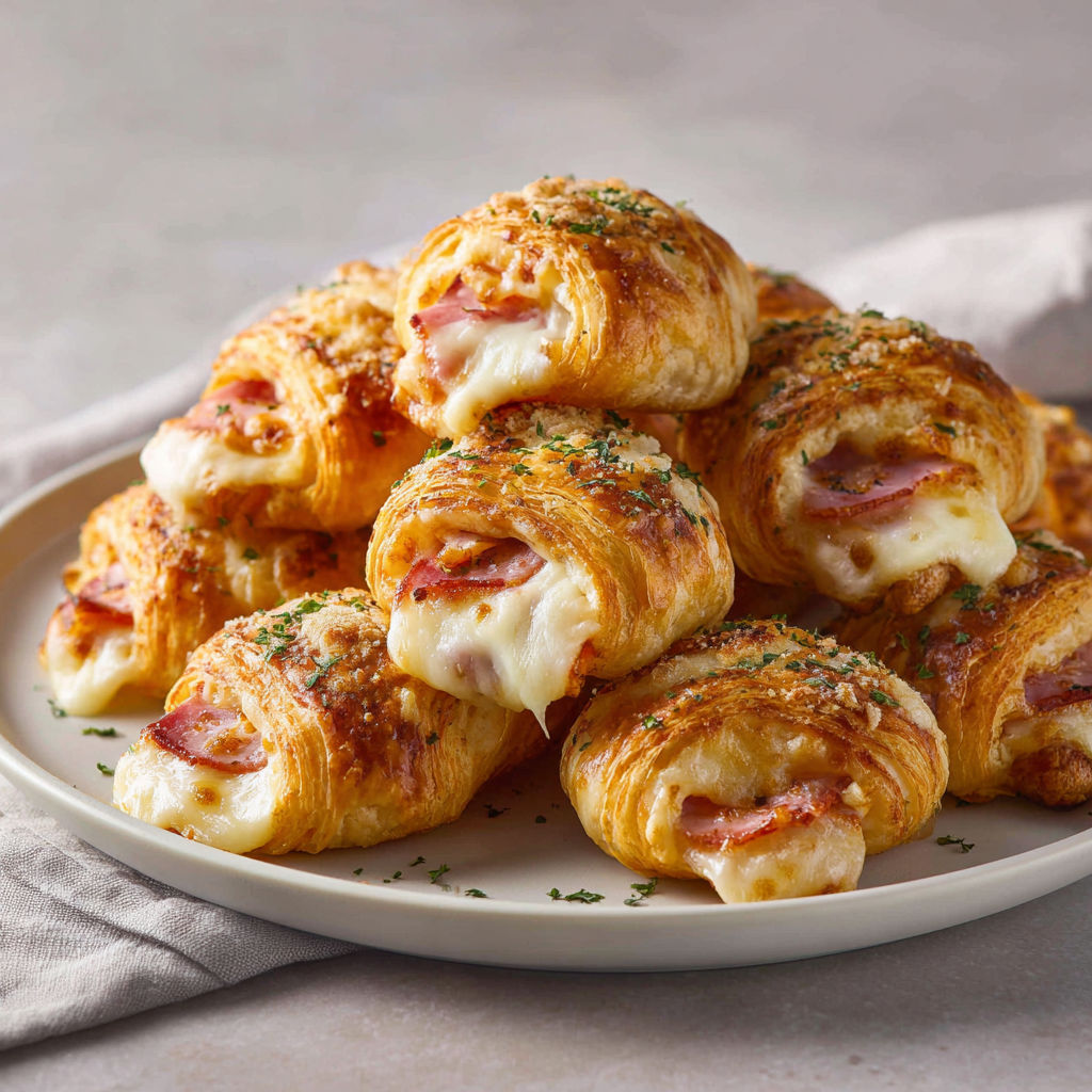 Petits croissants feuilletés à la pizza, jambon et mozzarella fondue.