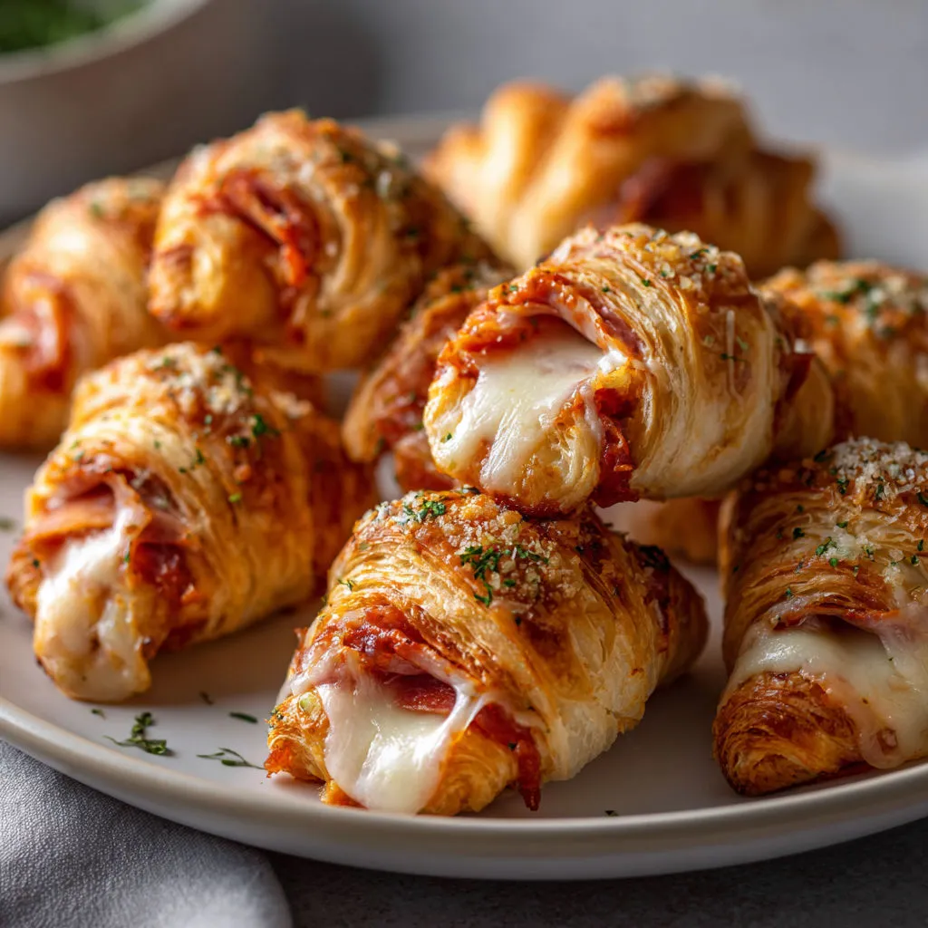 Croissants apéro dorés garnis de sauce tomate, fromage et jambon.