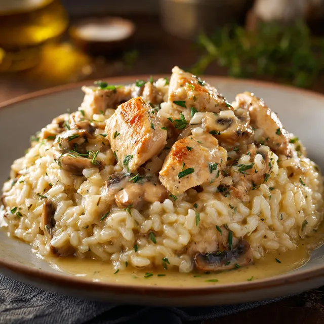 Plat crémeux de poulet et champignons servi sur une belle assiette.