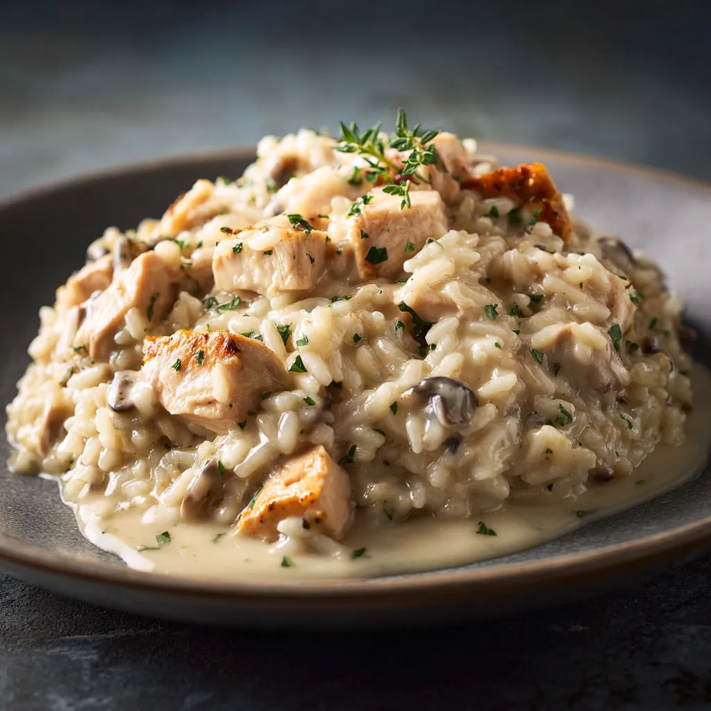 Plat crémeux de poulet au riz et champignons ultra fondant.