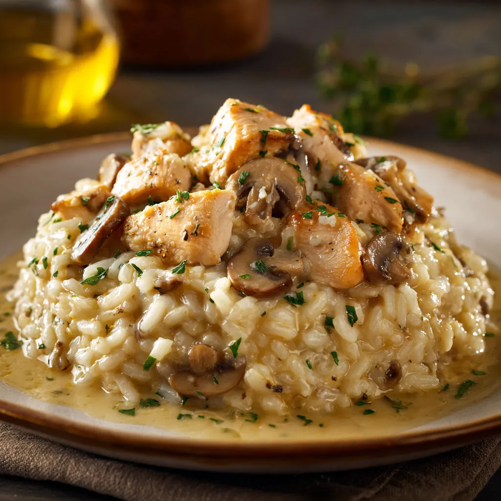 Poulet tendre et champignons cuits dans un riz onctueux.