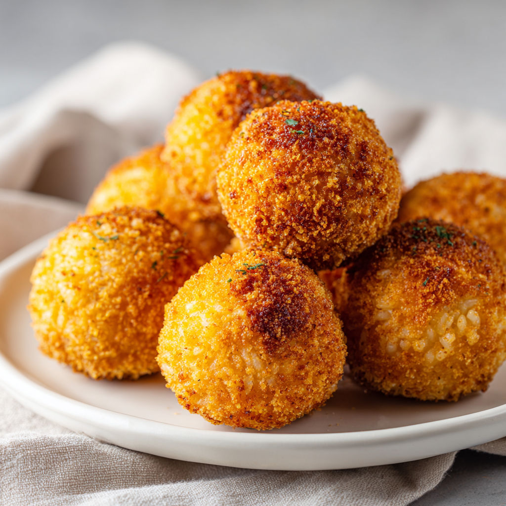 Boulettes croustillantes, dorées, garnies de mozzarella fondante et prêtes à être servies.