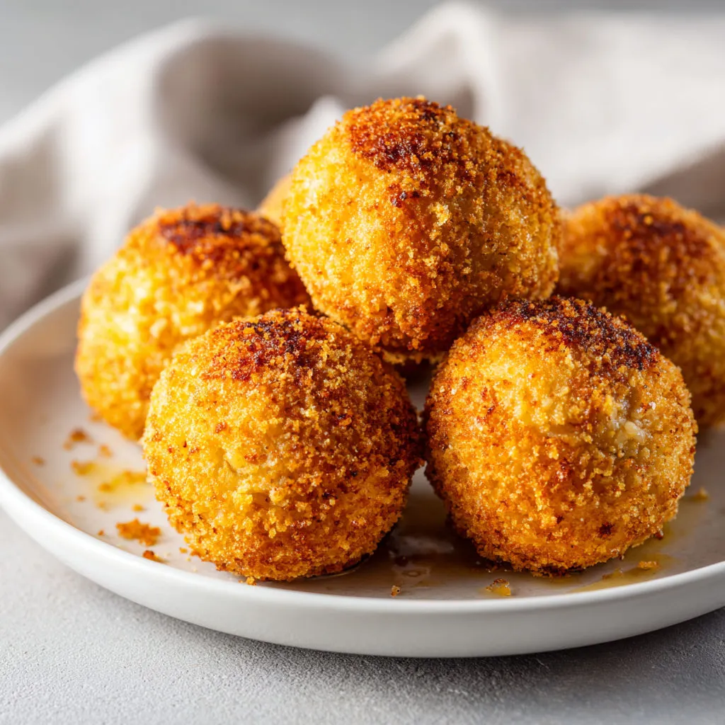 Boules croustillantes de riz avec mozzarella fondante à l’intérieur.