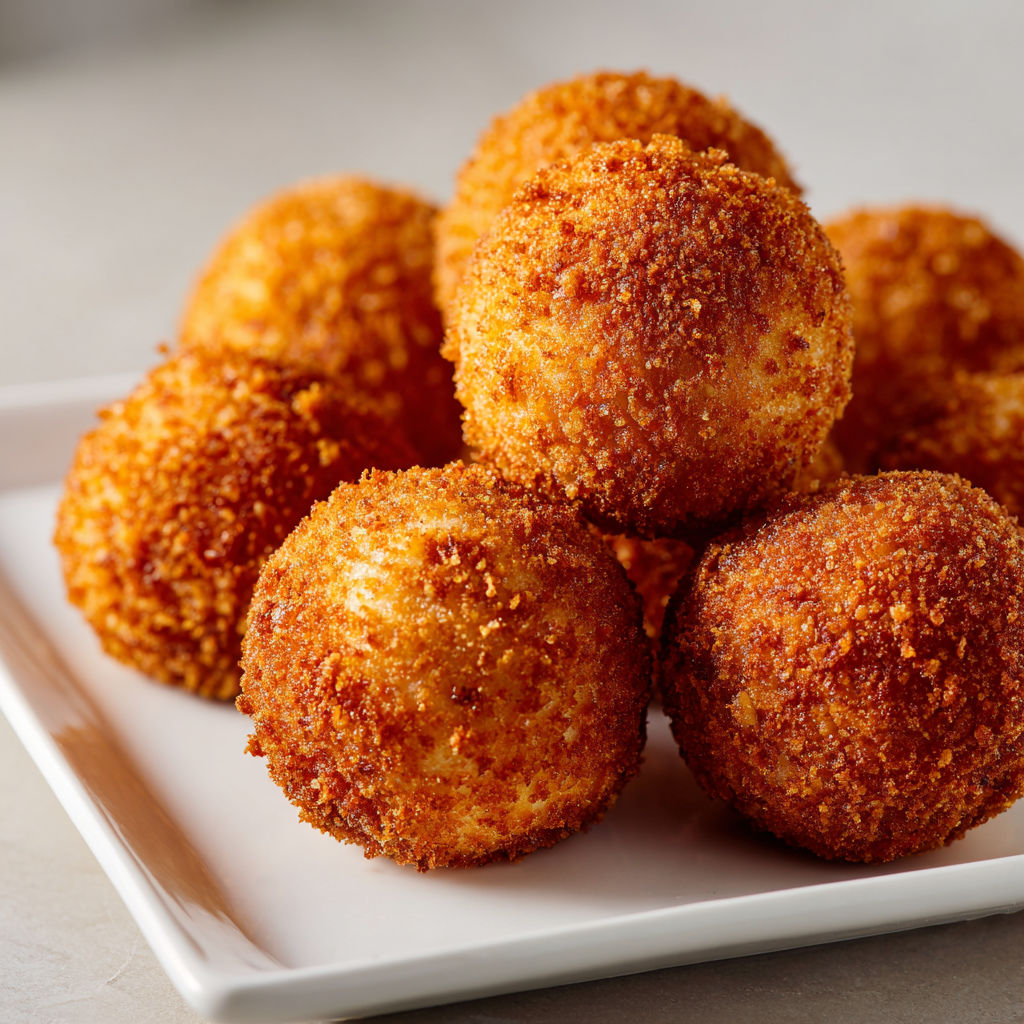 Boules de riz frites façon snack italien, cœur de fromage fondant.