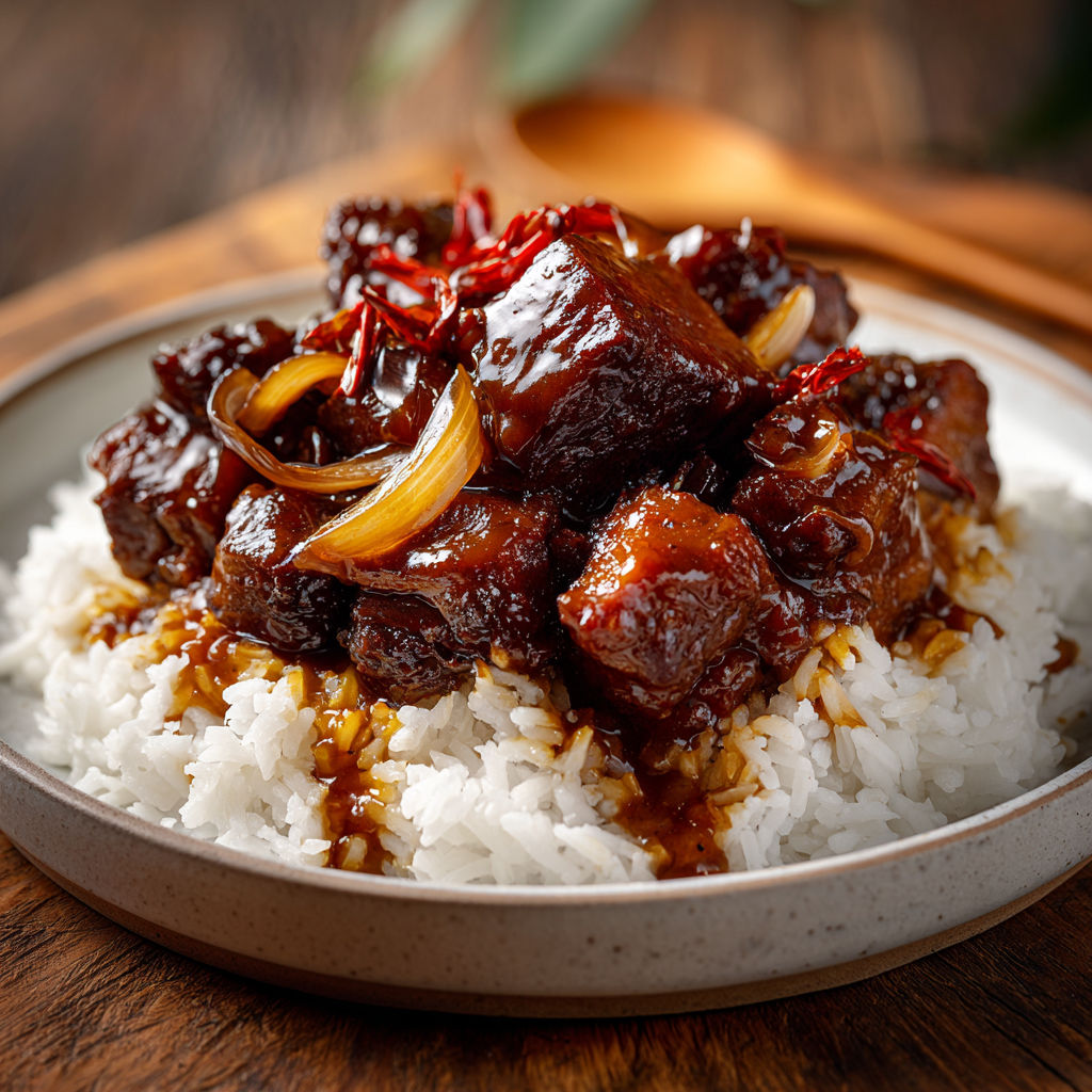 Un bol de porc caramélisé sur une table appétissante.