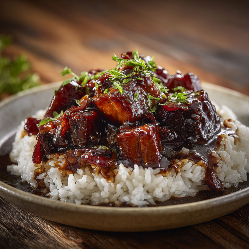 Porc caramélisé asiatique bien tendre avec sauce sucrée salée.