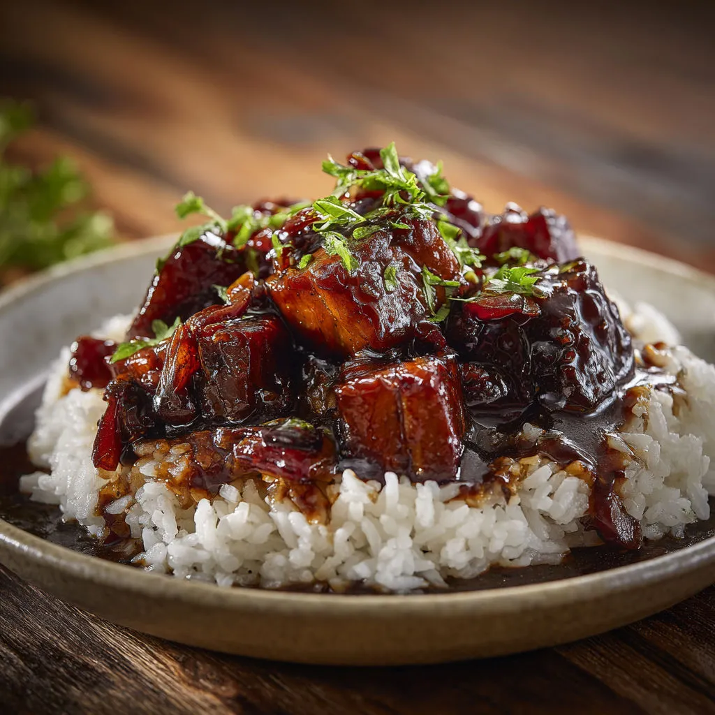 Porc caramélisé asiatique bien tendre avec sauce sucrée salée.
