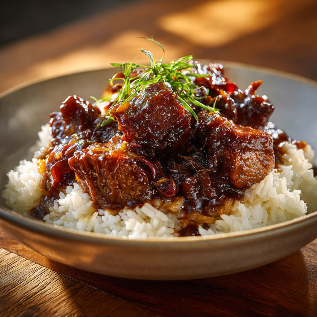 Porc caramélisé maison, longuement mijoté à la sauce soja et nuoc-mâm.