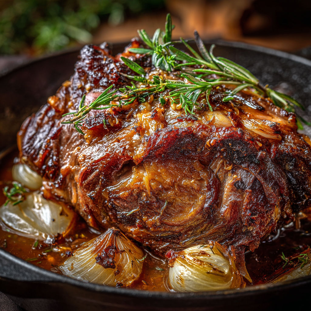 Un gigot ou une épaule d'agneau cuits 7 heures et accompagnés de sauce.