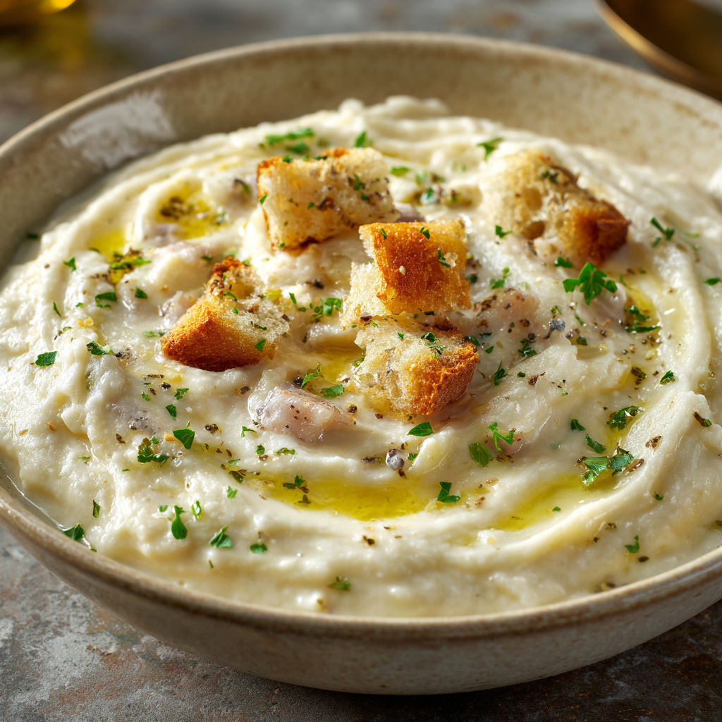 Morue bien crémeuse avec pommes de terre et huile d’olive.