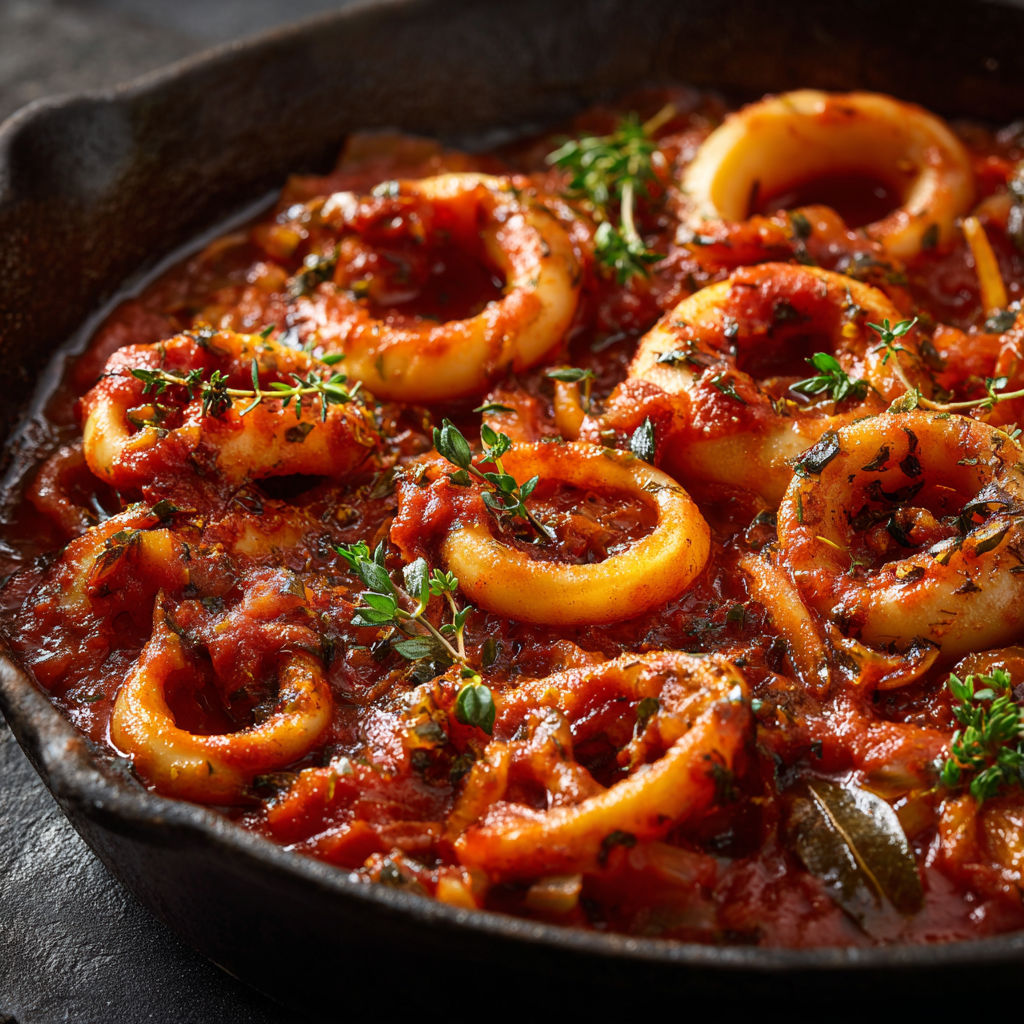 Beaux anneaux d’encornets nappés d’une sauce tomate provençale.