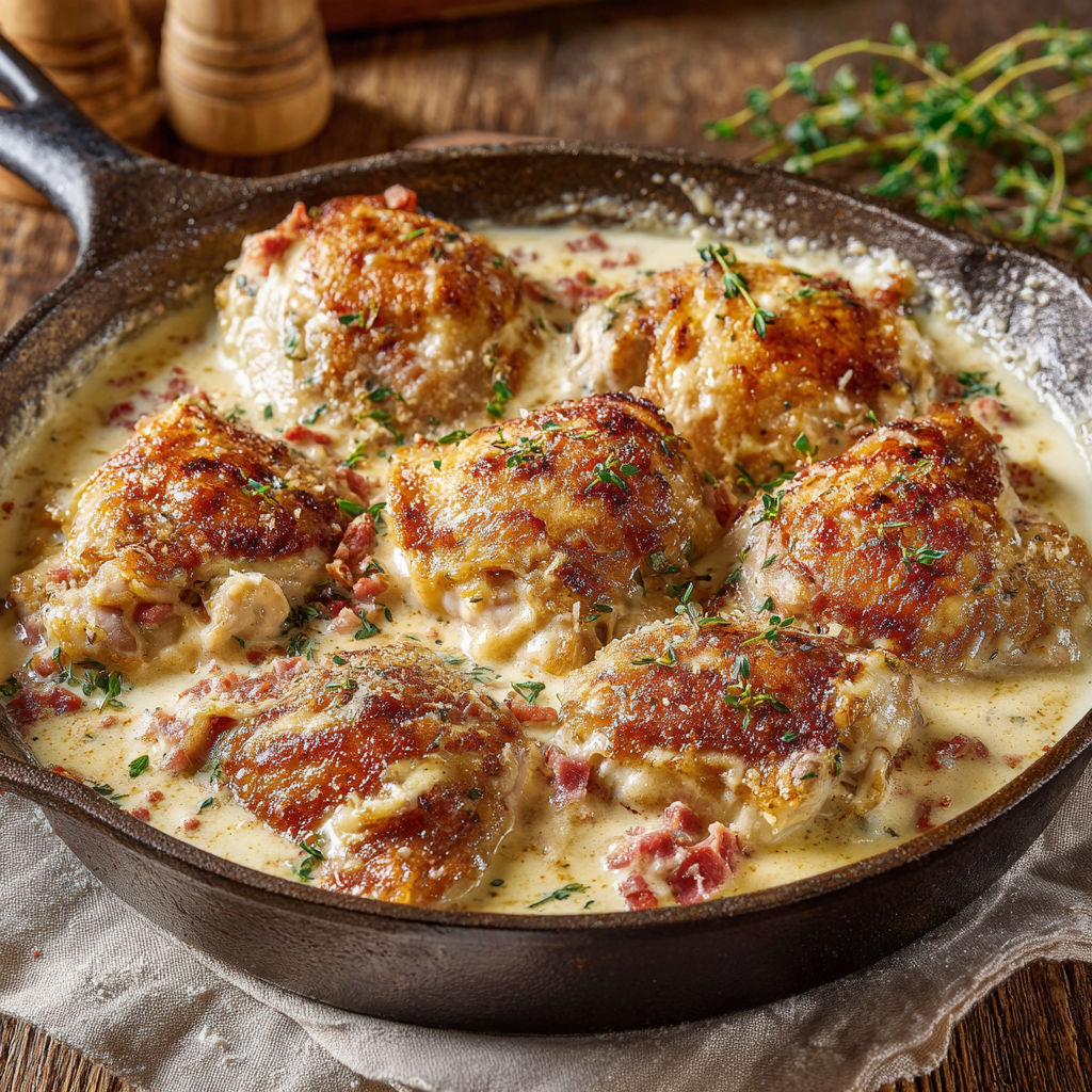 Un assiette de poulet fondant avec une sauce au parmesan et jambon de Parme croustillant.