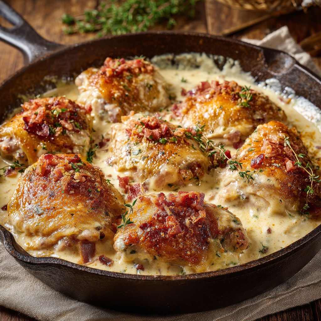 Poulet tendre enrobé de crème au parmesan et jambon croustillant.