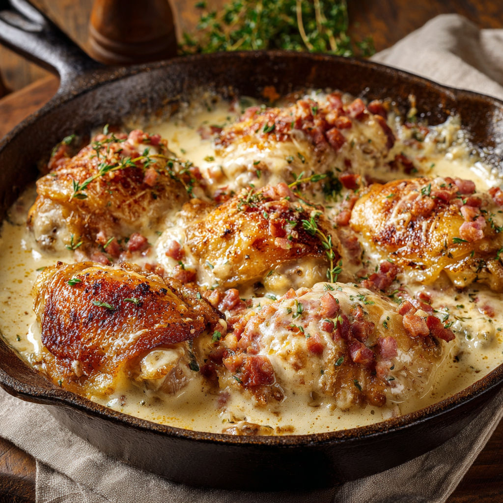 Cuisses de poulet ultra moelleuses en crème au parmesan et herbes fraîches.