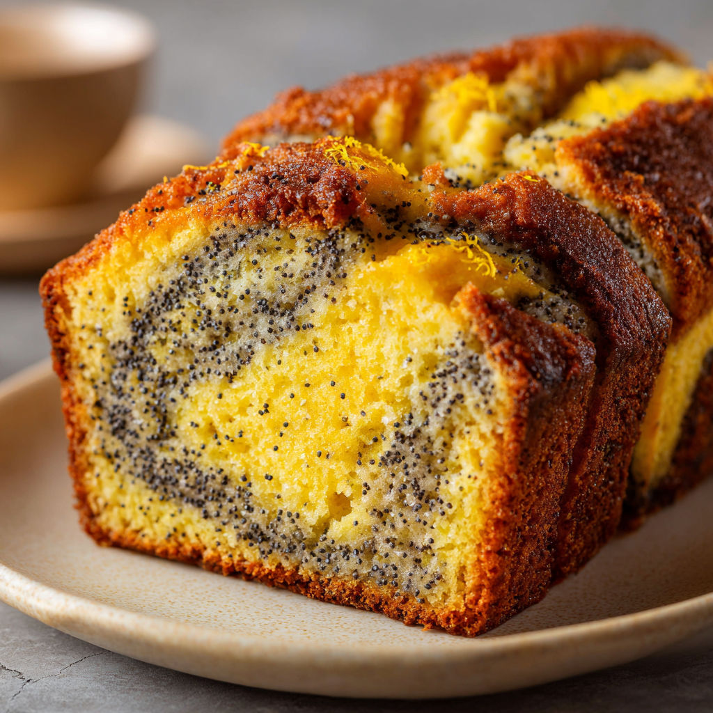 Une assiette contenant une tranche de gâteau au citron et pavot.