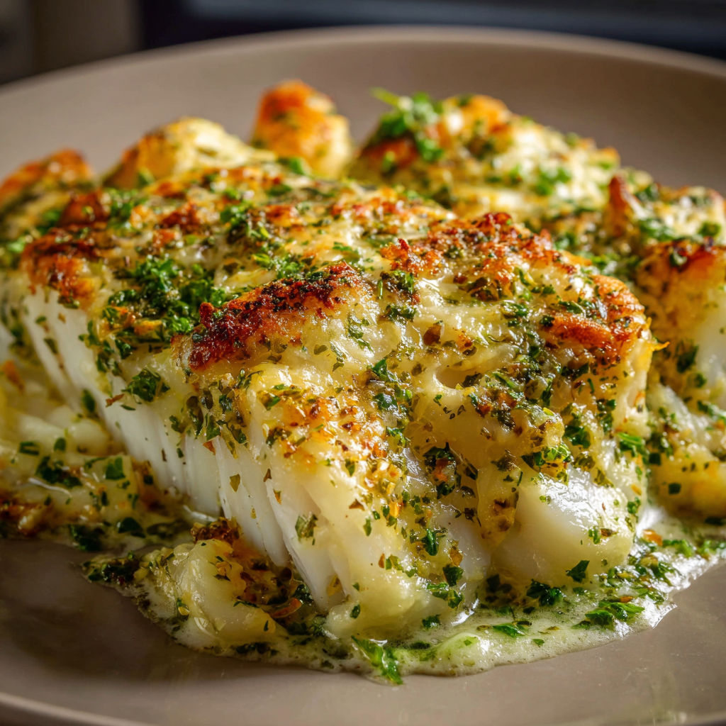 Un plat de cabillaud au gratin avec mayonnaise, décoré et prêt à servir.