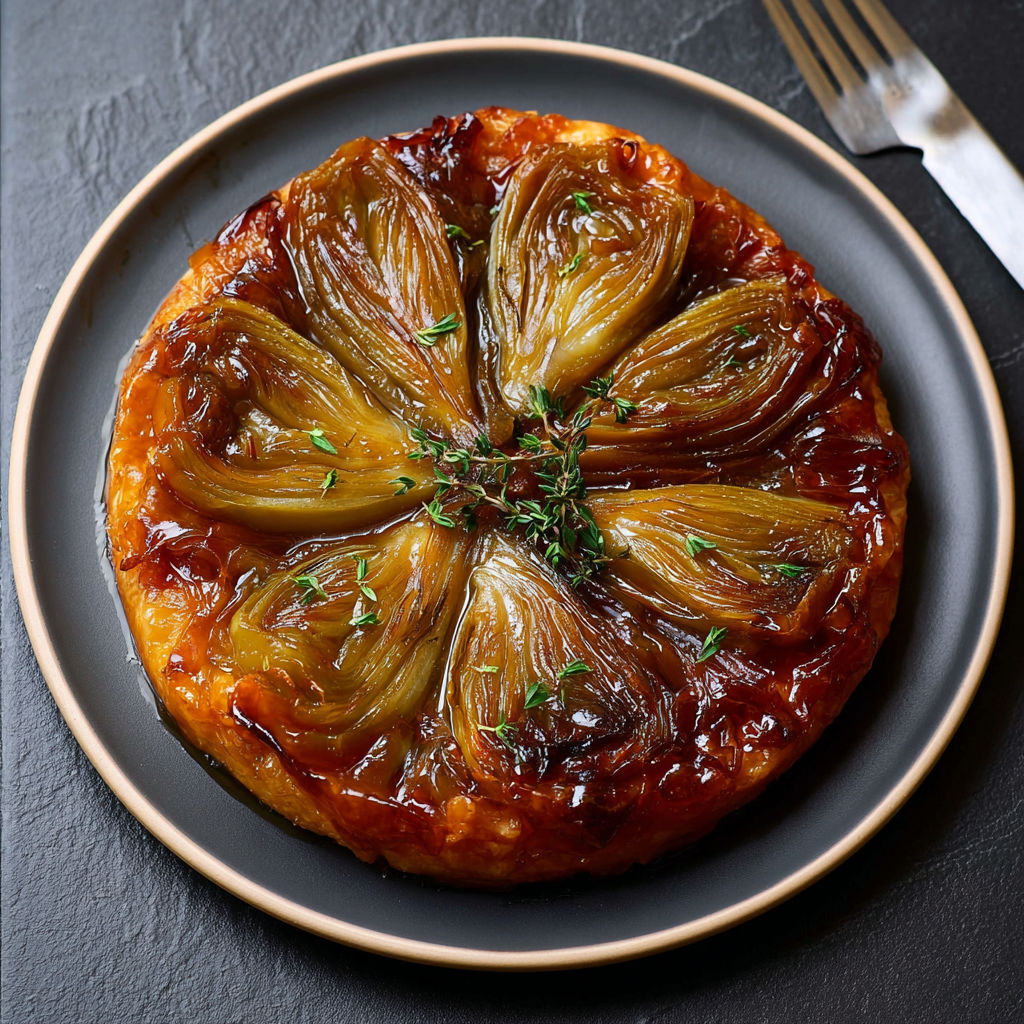 Sur un plateau, une tatin composée d’endives et de Bresse Bleu.