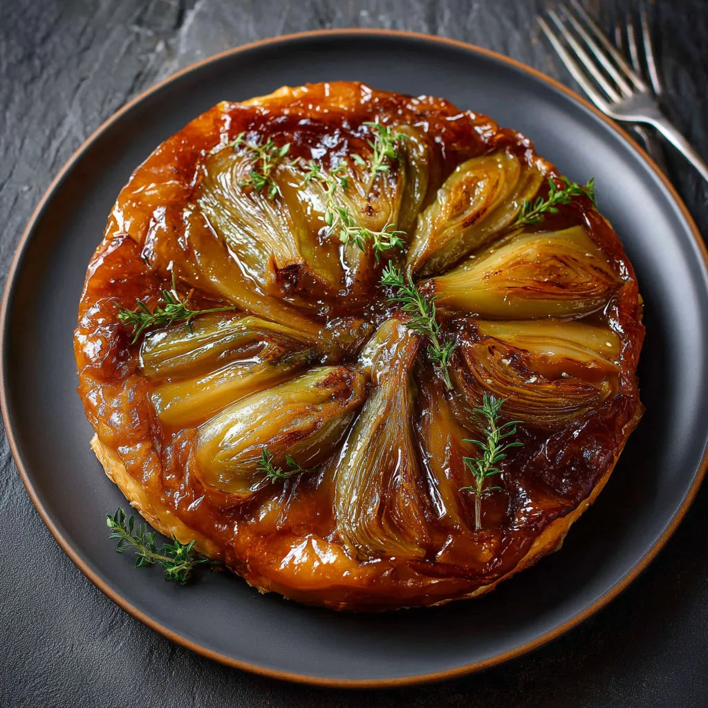 Tatin salée aux endives et Bresse Bleu posée sur un plateau, toute dorée.