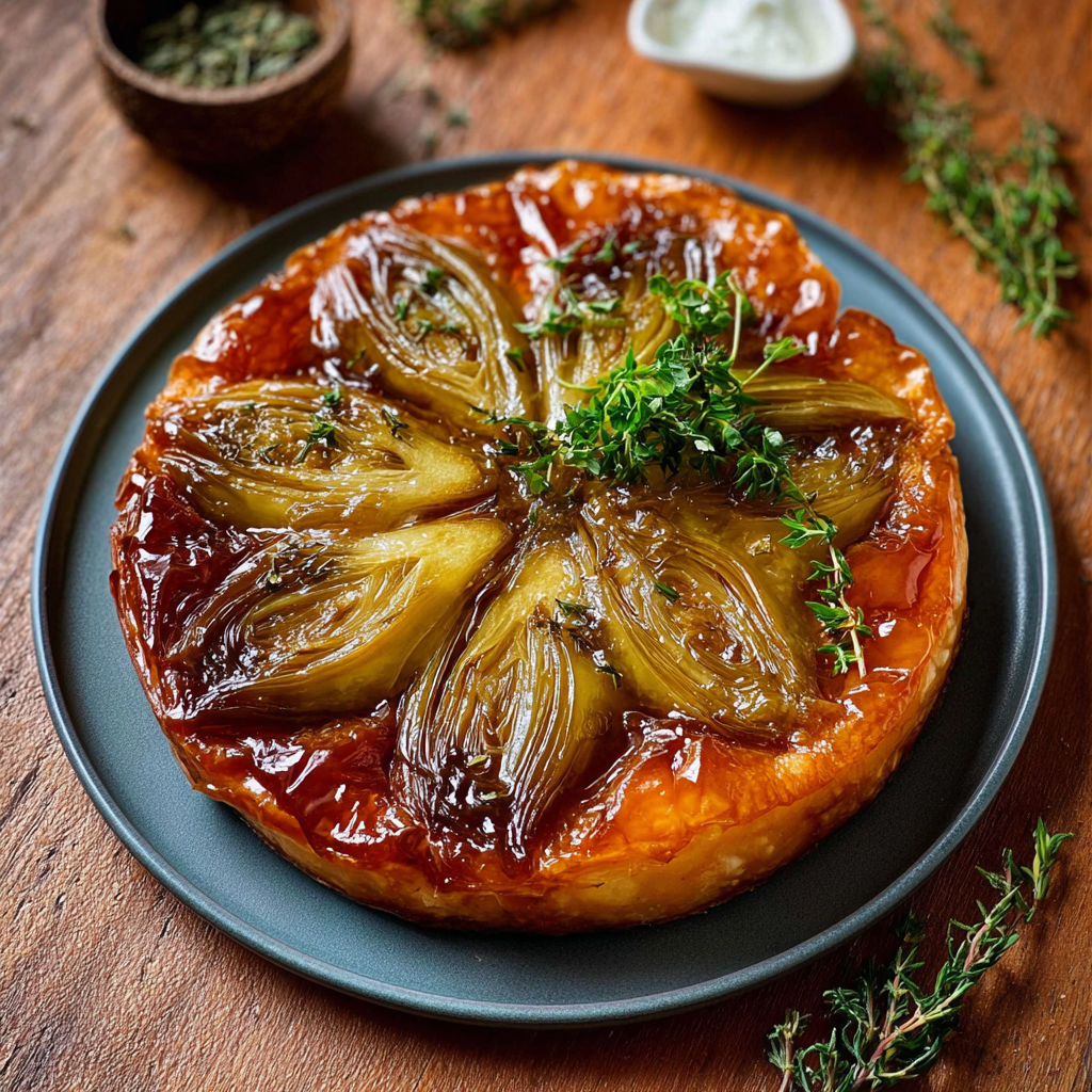 Tatin d’endives caramélisées au Bresse Bleu bien dorée sur un plat.