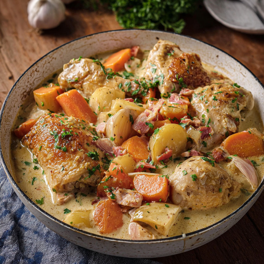 Plat mijoté de poulet avec légumes et herbes, inspiré de Cyril Lignac.