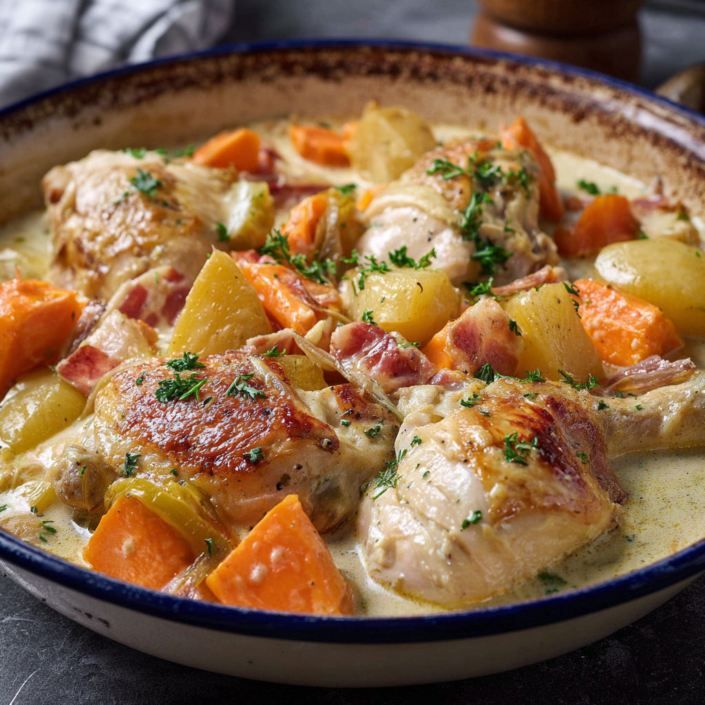 Cocotte de poulet tendre et carottes dans un bol bleu, façon Cyril Lignac.