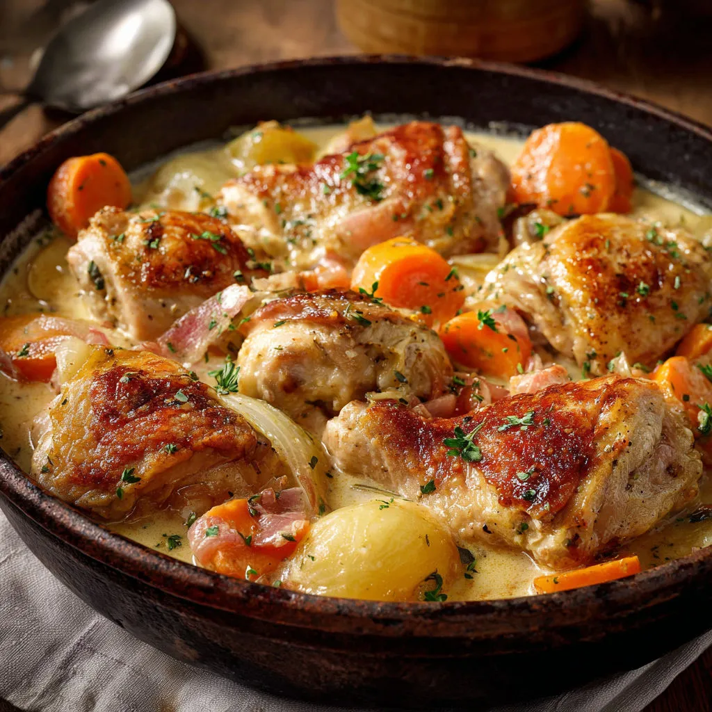 Plat de poulet cocotte et légumes carottes inspiré de Cyril Lignac.