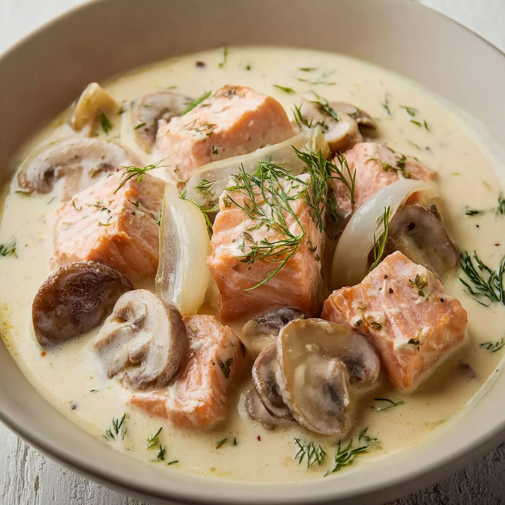 Un bol rempli d'un saumon en sauce crémeuse avec des champignons posé sur une table.