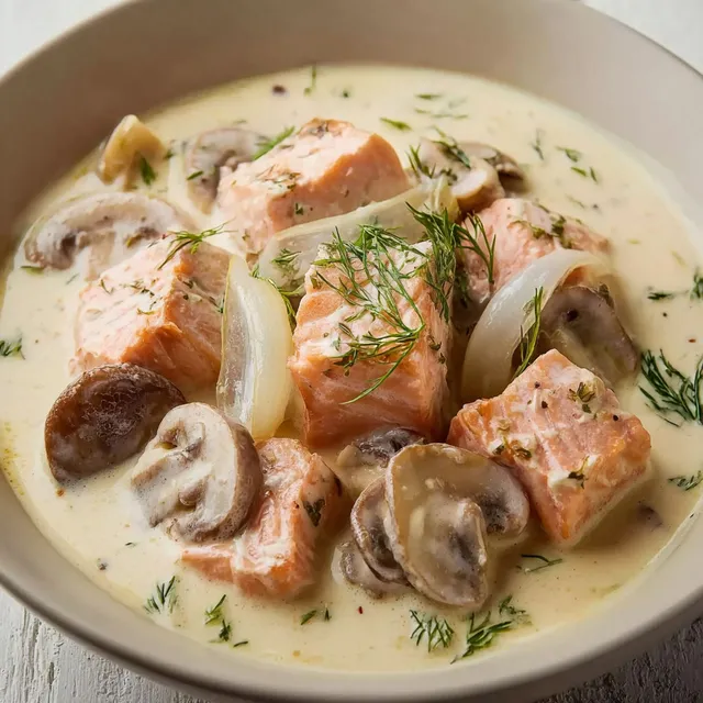 Un bol rempli d'un saumon en sauce crémeuse avec des champignons posé sur une table.