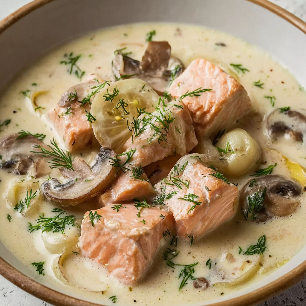 Cassolette crémeuse de saumon avec champignons.