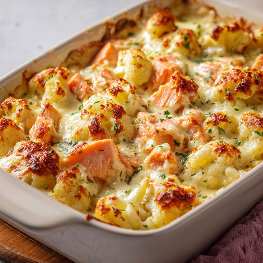 Un gratin appétissant au saumon et chou-fleur prêt à être dégusté, accompagné de légumes frais.