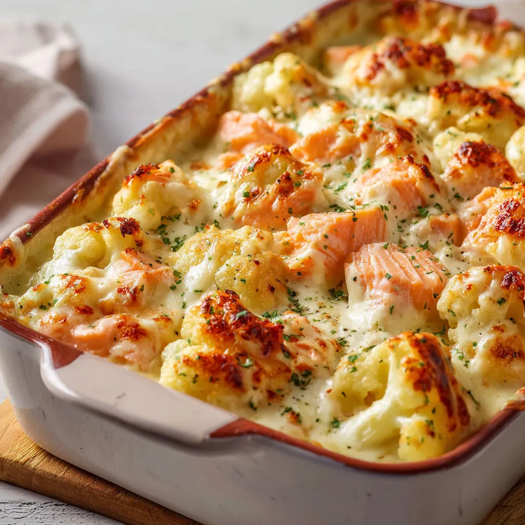 Chou-fleur ultra tendre gratiné au saumon.