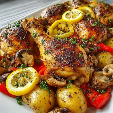 Un plat de poulet citronné avec légumes et pommes de terre grillées, décoré d’un citron.
