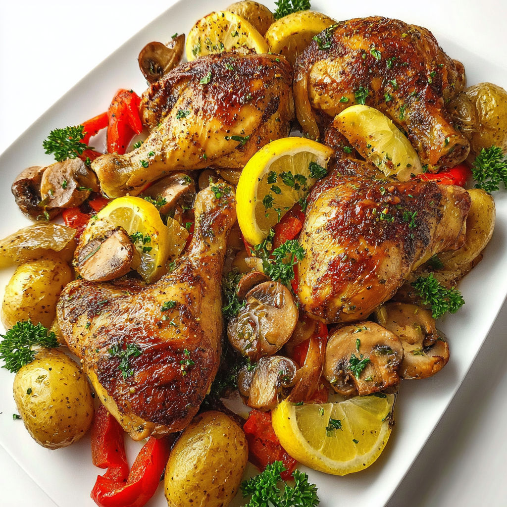 Cuisses de poulet croustillantes au citron avec pommes de terre et légumes dorés.