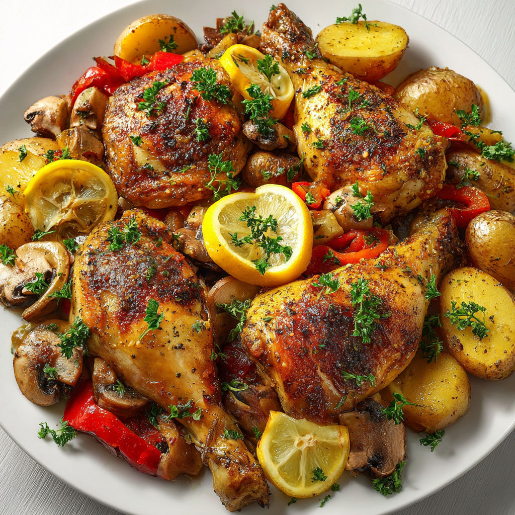 Poulet au citron sorti du four avec des légumes colorés et savoureux.