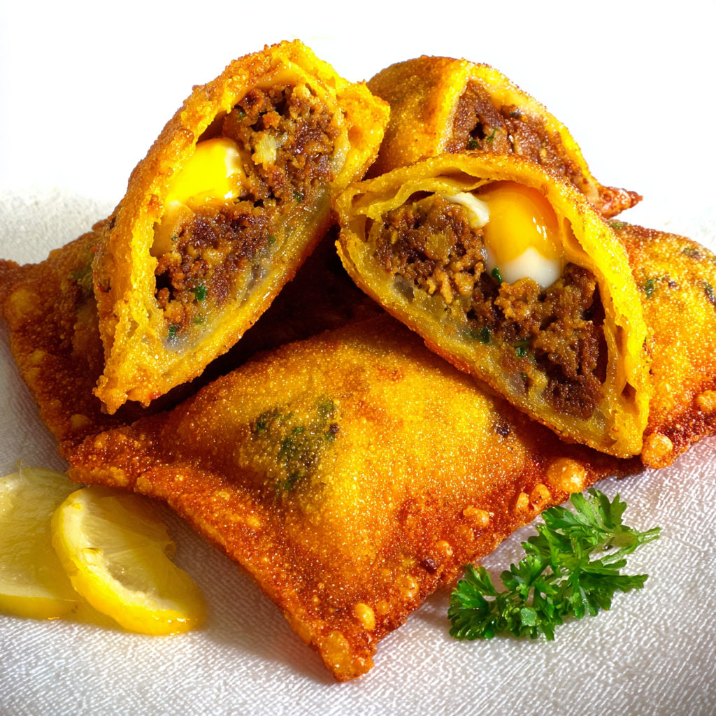 Des bricks dorées garnies de viande hachée et d'œufs servies sur une assiette.