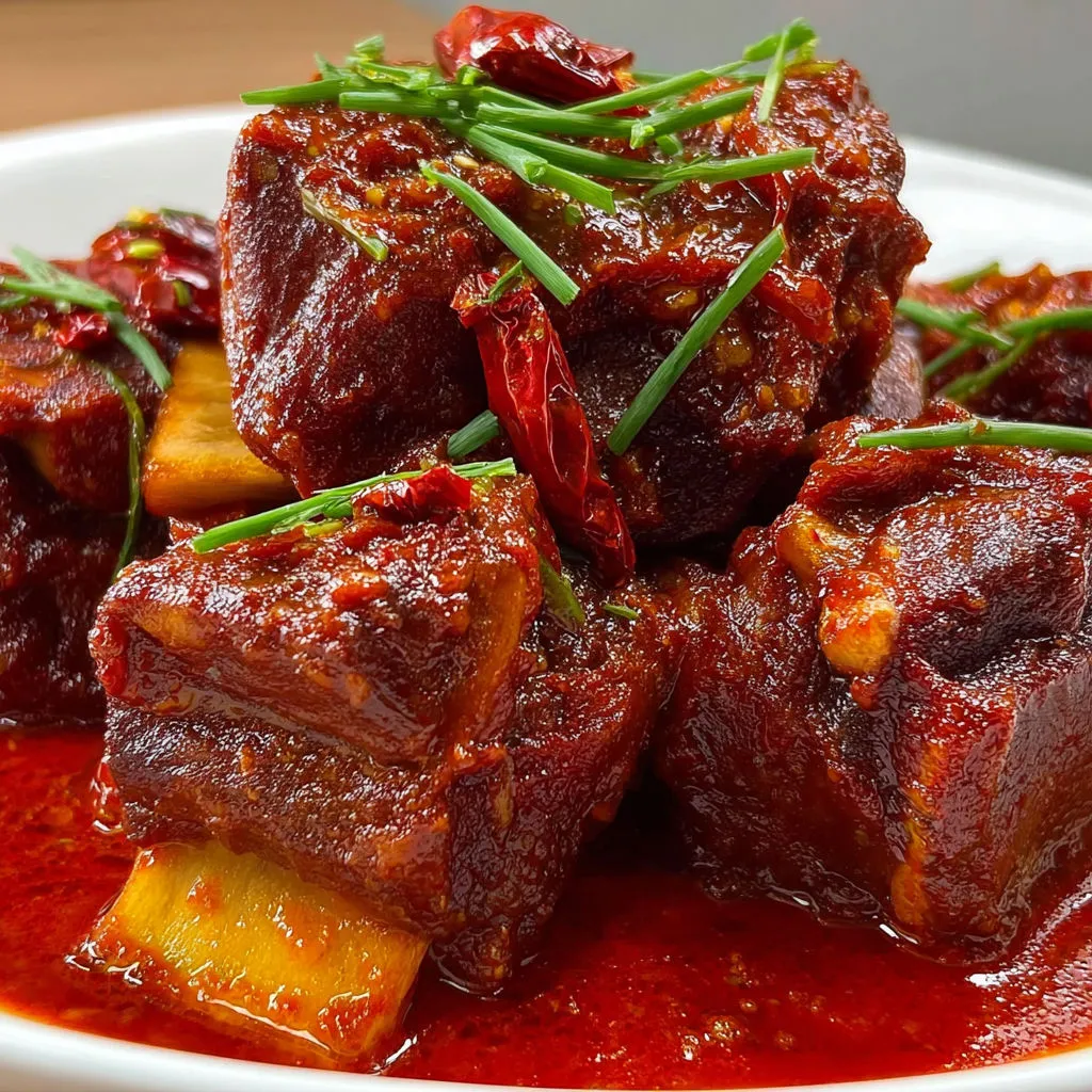 Bœuf ultra fondant mijoté en sauce rouge épicée