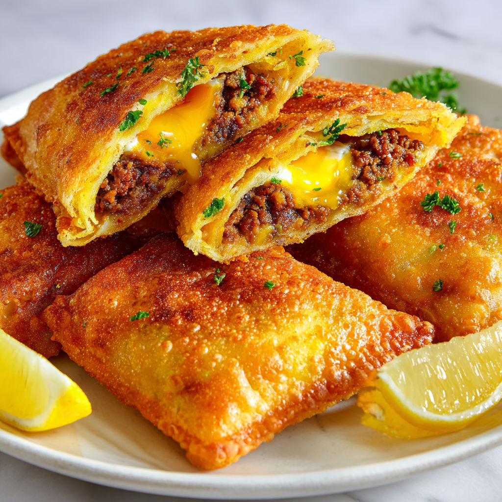 Brick croustillante garnie de viande et oeuf fondant.